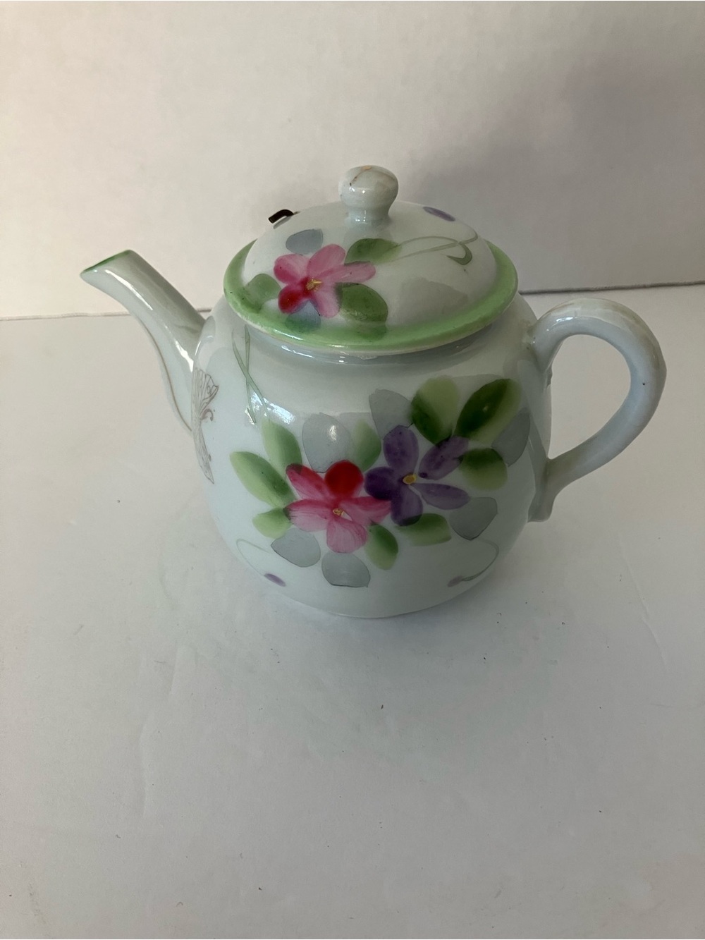 Vintage Porcelain Floral Teapot - White with Pink & Purple Flowers